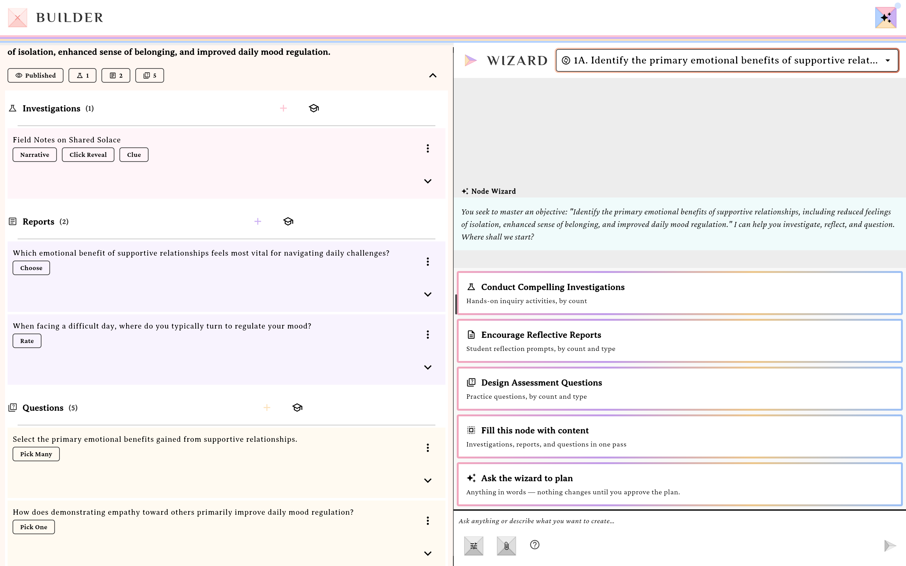 The AI Wizard at node scope showing its starter cards for investigations, reports, questions and everything in one pass