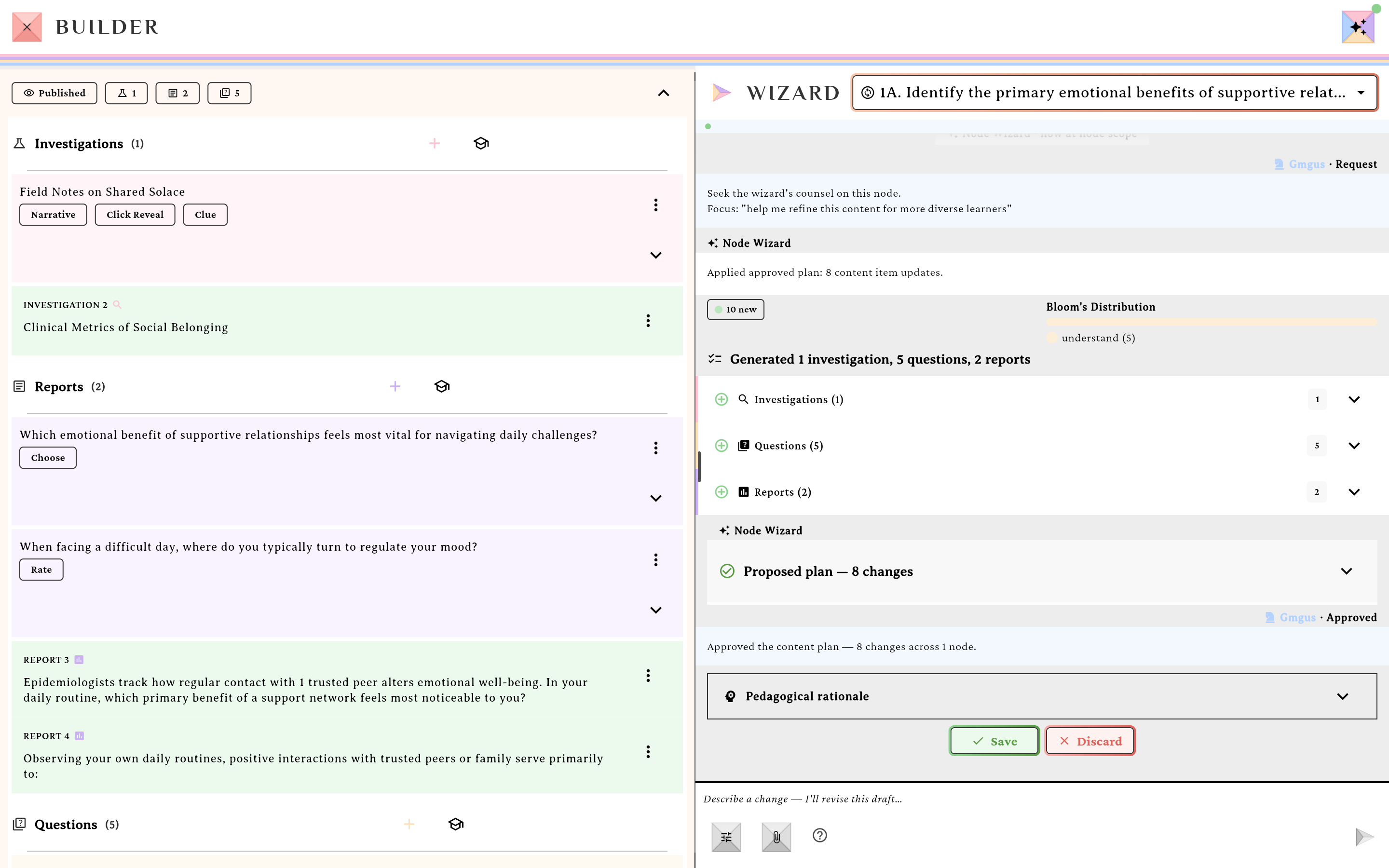 The wizard response bubble with coaching and a changelog, beside the inline canvas showing badged new items