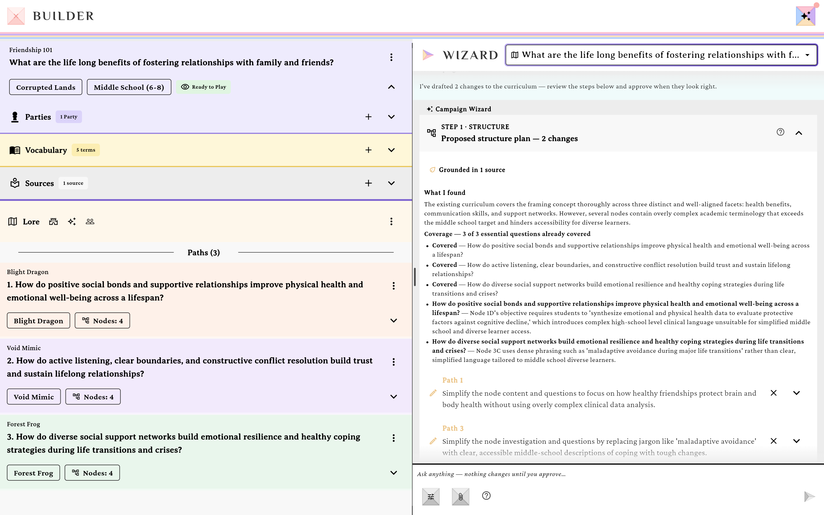 The proposed structure plan at the approval gate, listing editable per-path directives above the What I found diagnosis