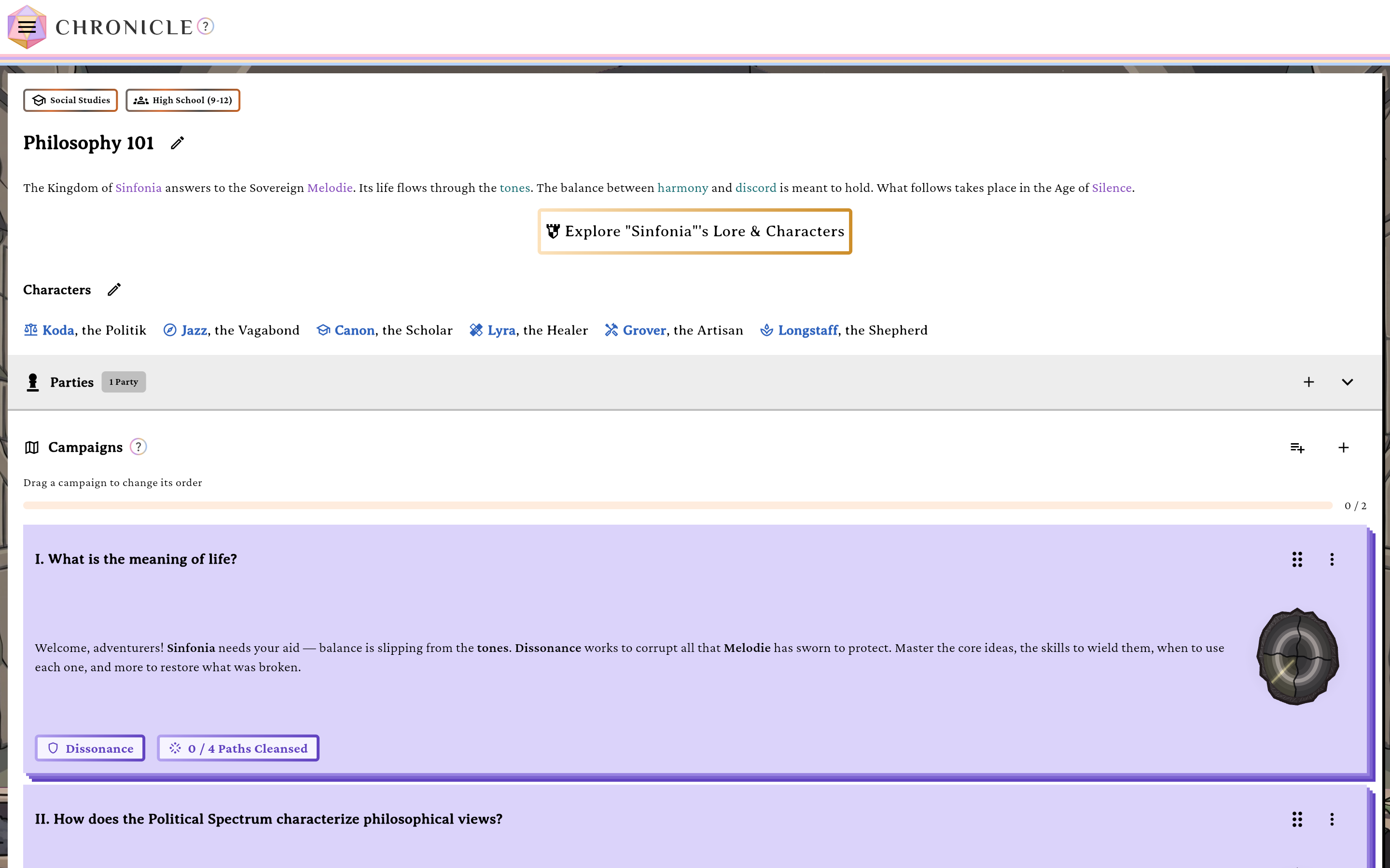 The Chronicle course screen showing identity, the Lore card, and the list of Campaigns