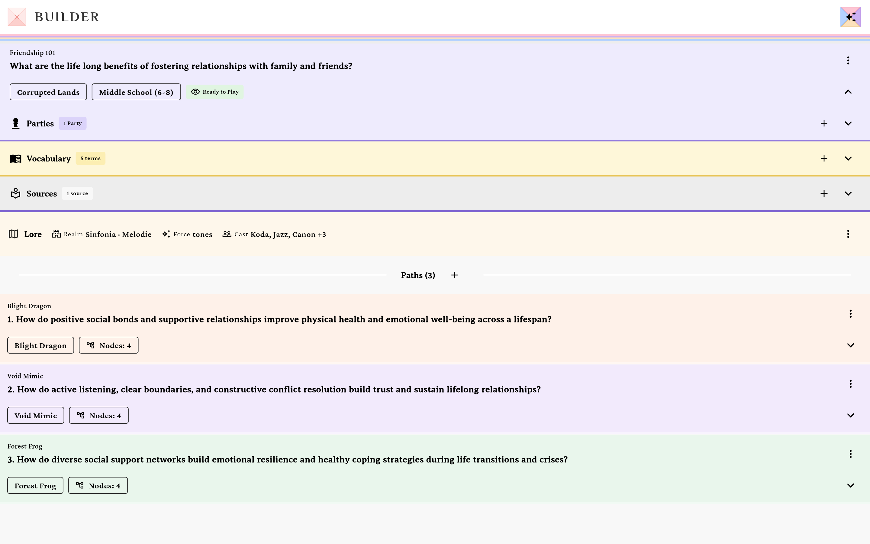 The campaign builder showing Parties, Vocabulary, Sources, the Lore row, and the Paths list