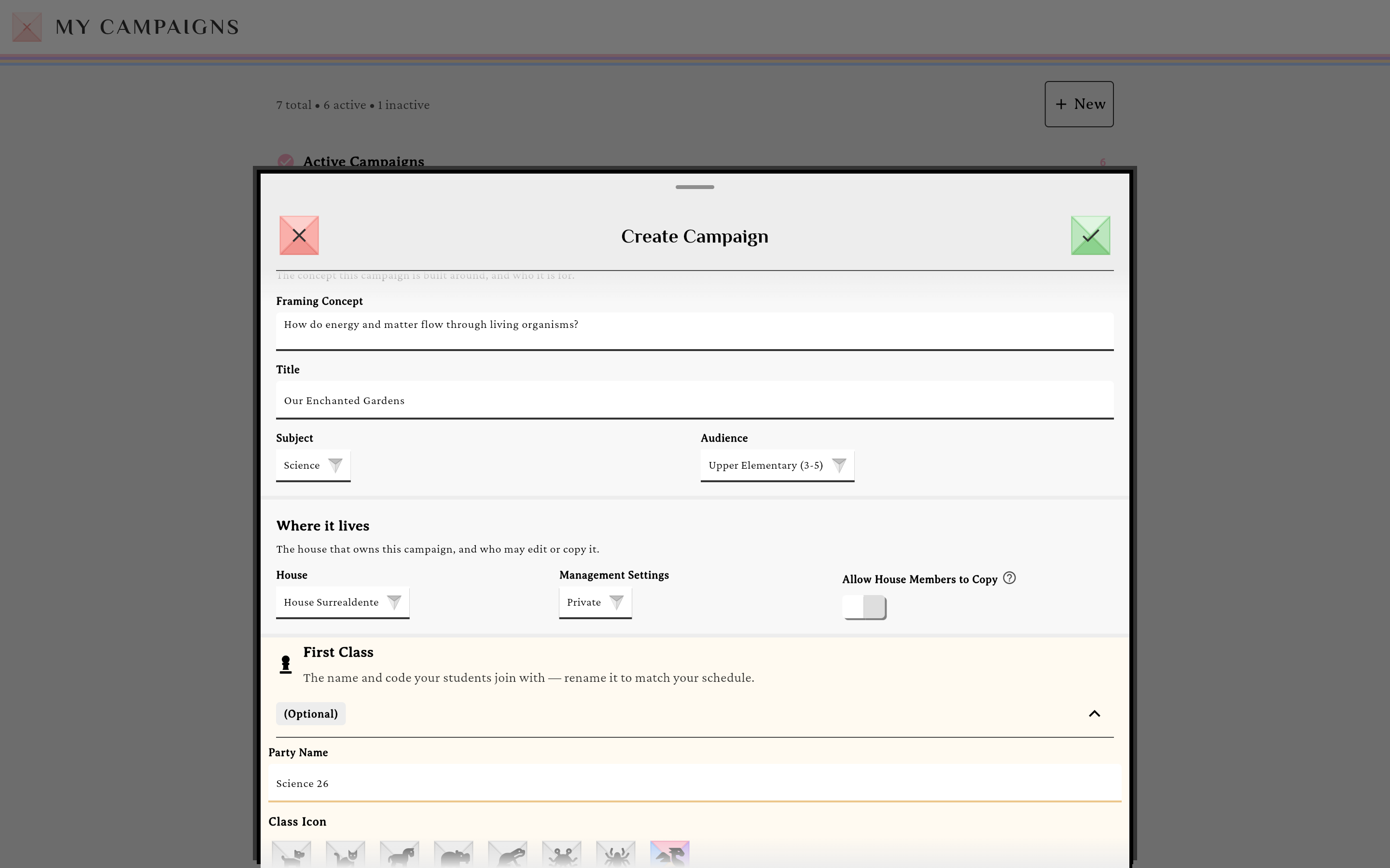 The filled campaign form showing Framing Concept, Subject, Audience, and the House dropdown