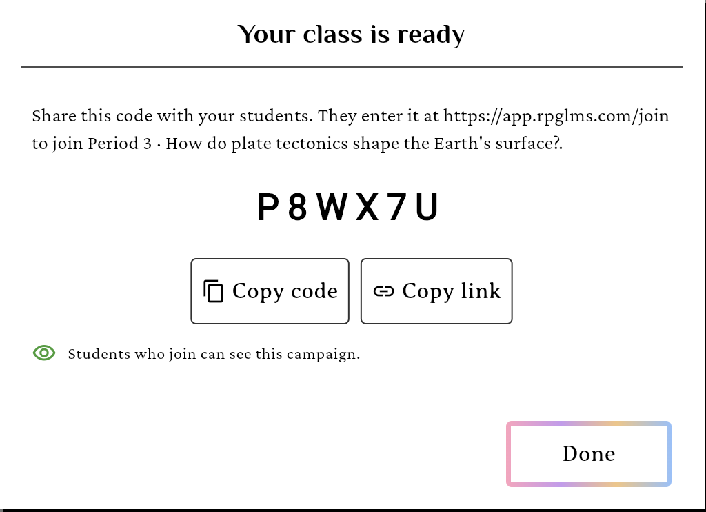 The class-ready dialog showing the new course's join code at display size with a copy action