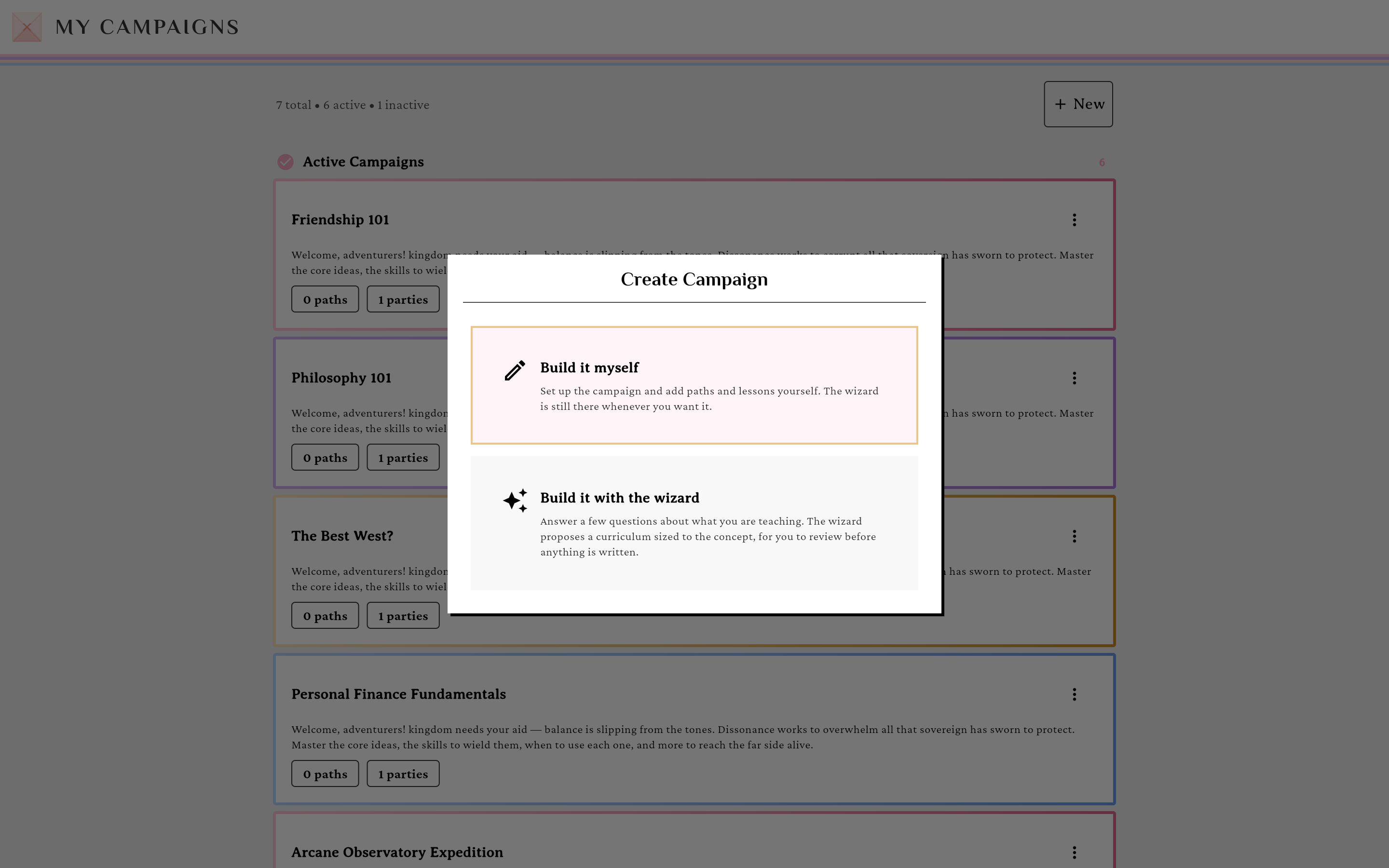 The Create Campaign dialog offering Build it myself or Build it with the wizard