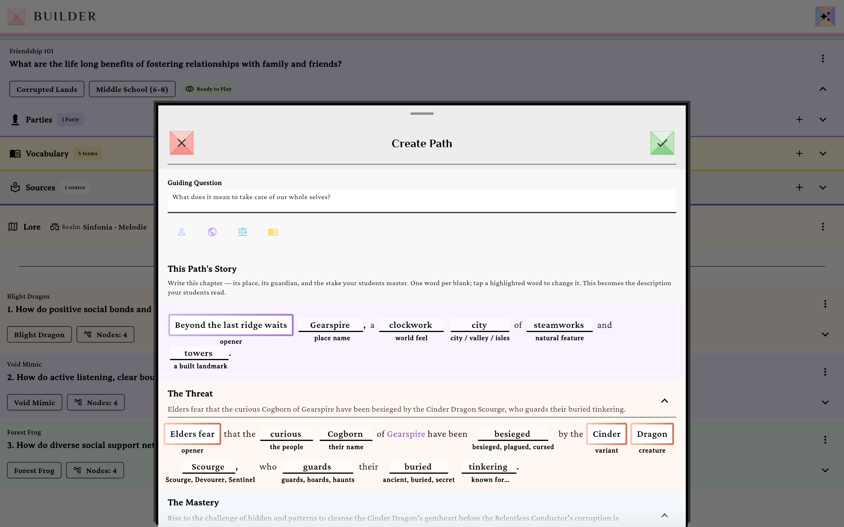 The Create Path form showing the Guiding Question and the This Path's Story mad-lib section