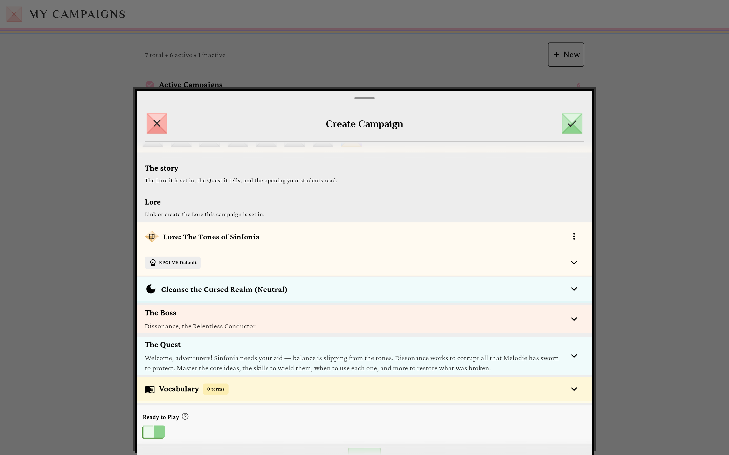 The story section of the campaign form showing Lore, quest type, Boss, Quest text, Vocabulary and Ready to Play