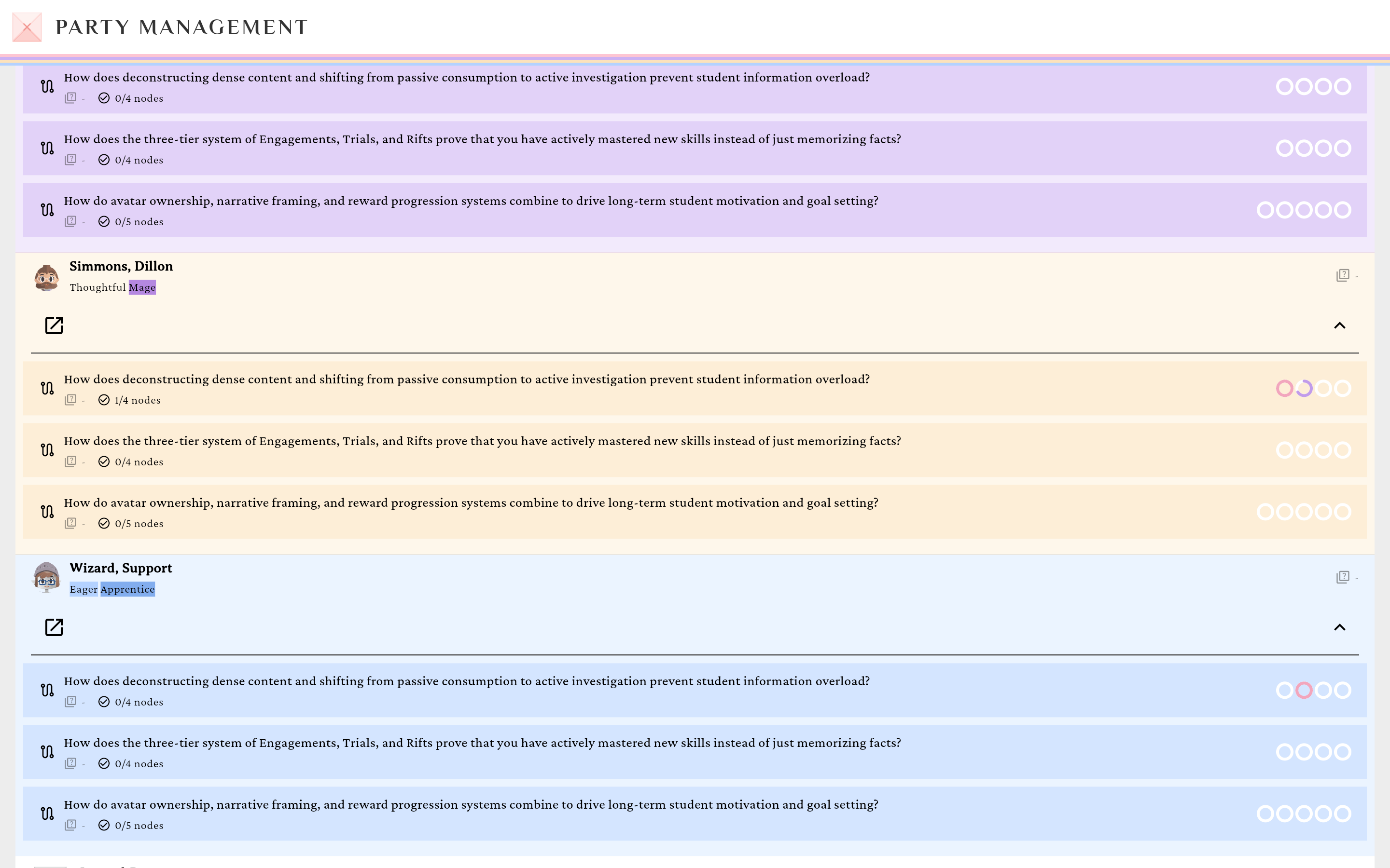 The gradebook roster showing per-student tiles and path progress rows