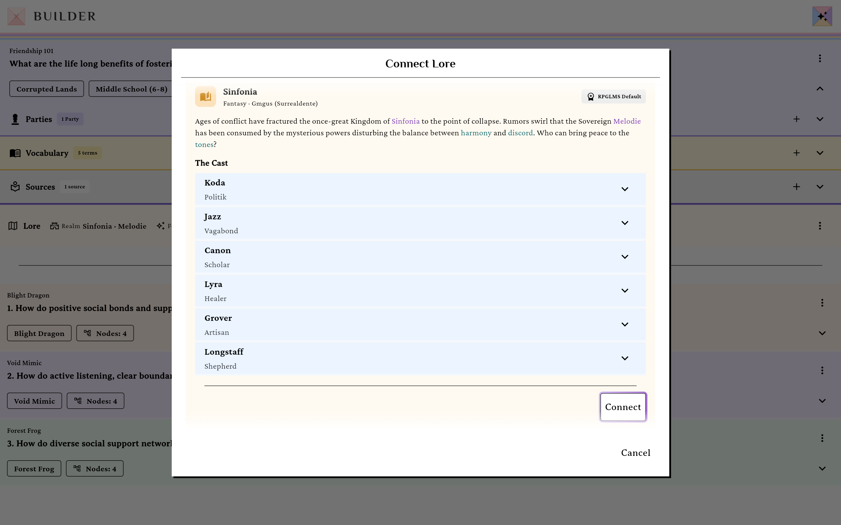 The Connect Lore picker showing template cards