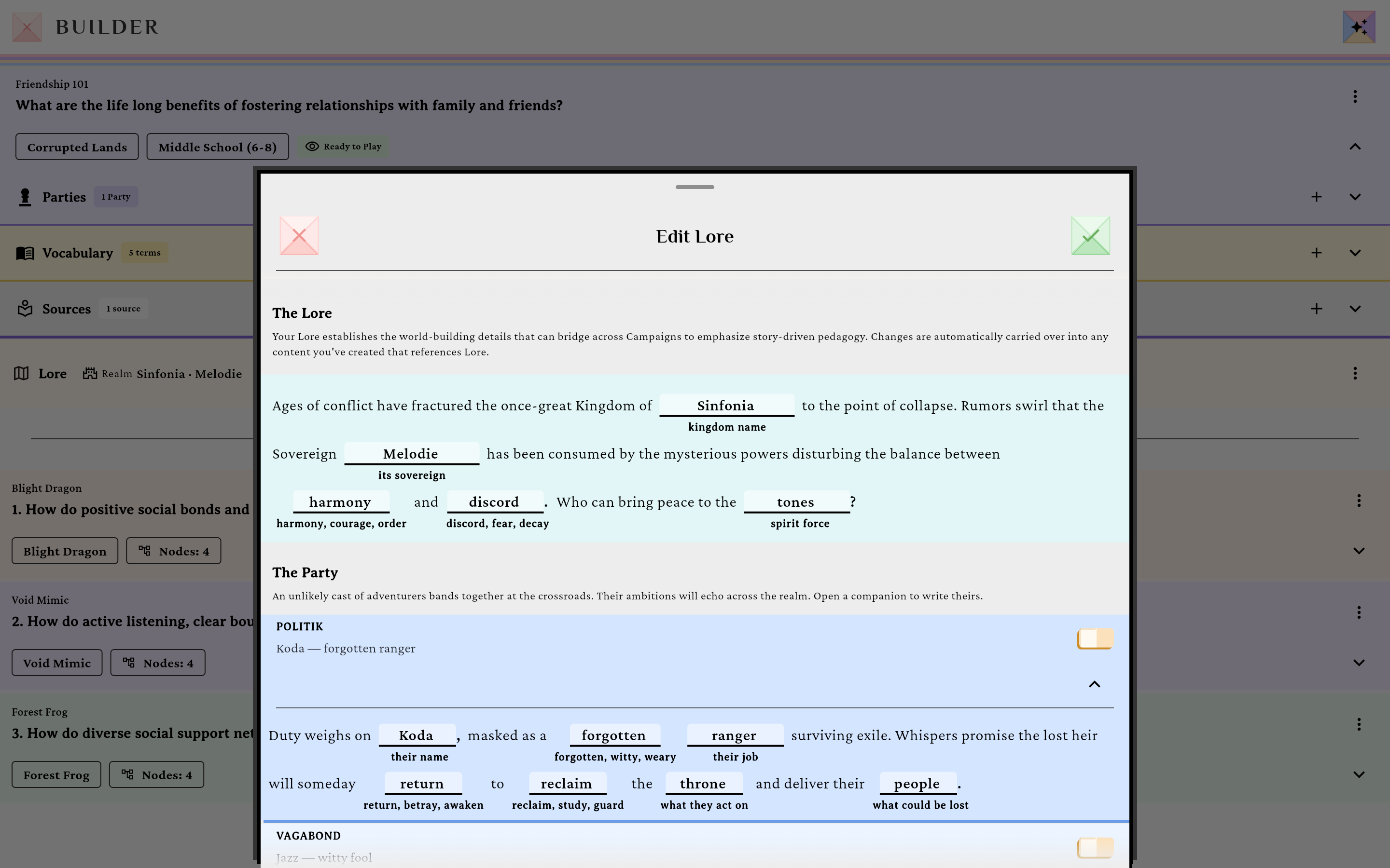 The Guided Mad Libs Lore builder with inline blanks