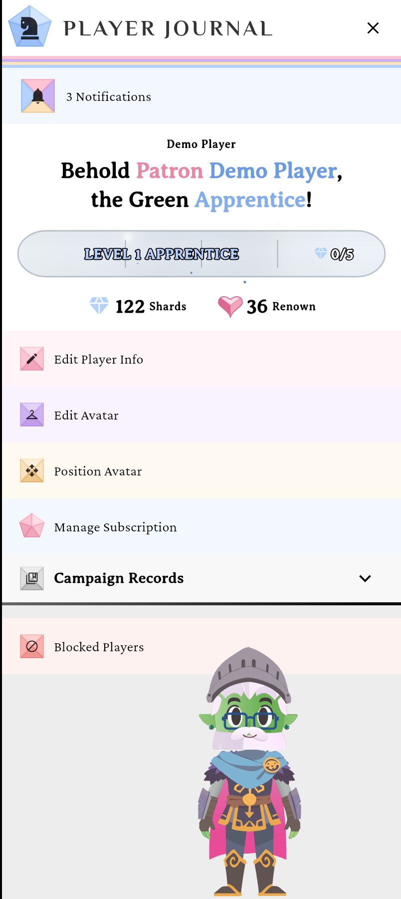 The Player Journal drawer with the XP vial above the Edit Player Info, Edit Avatar and Position Avatar rows