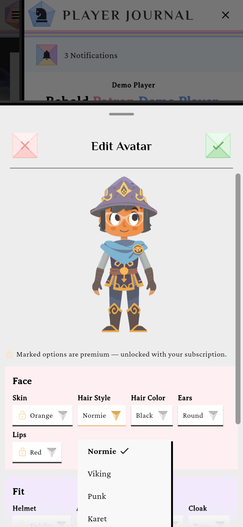 A cosmetic slot dropdown open over the live-updating hero