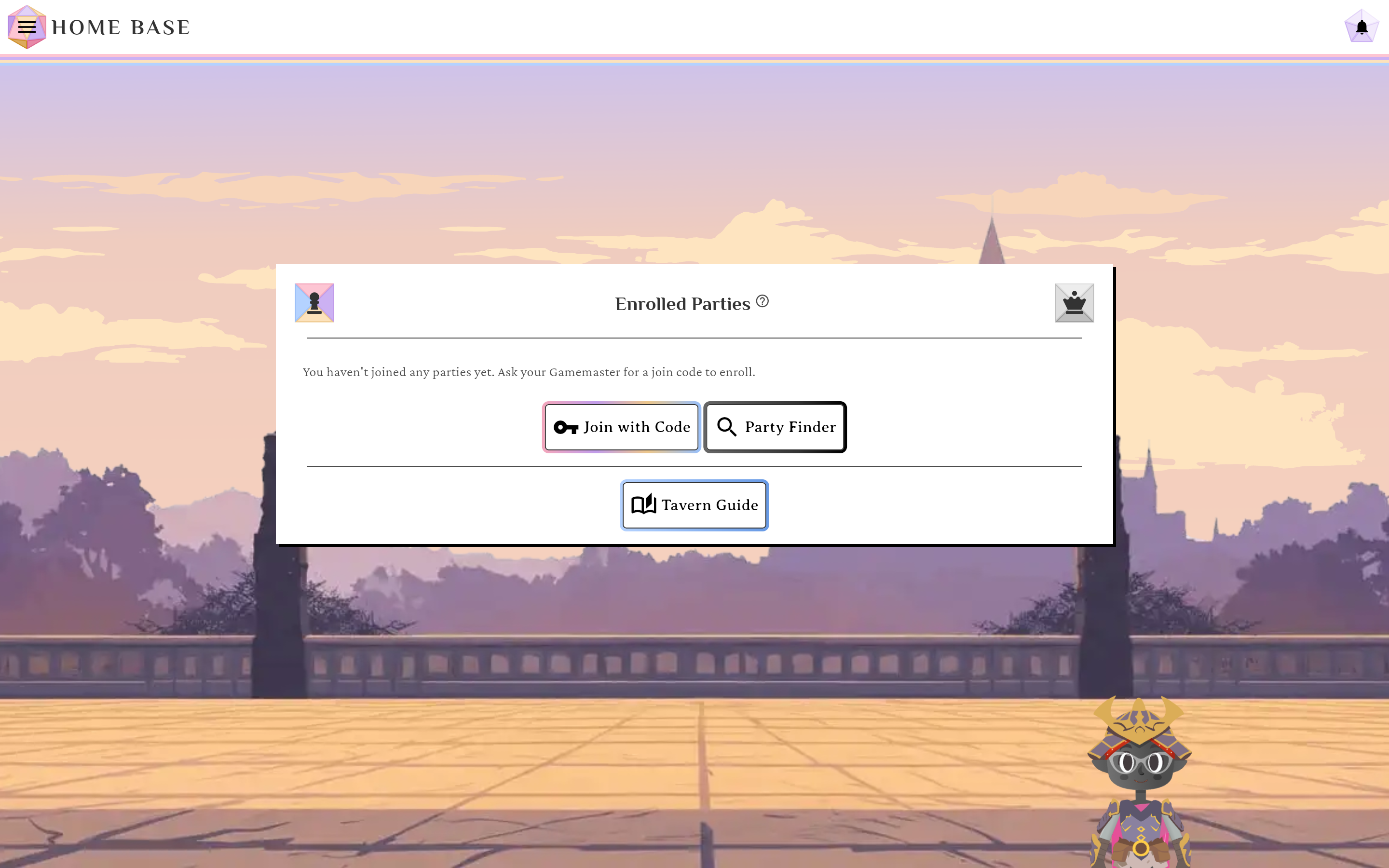 The Party Memberships tab on Base Camp's party card, with the Join with Code button and the empty-state message