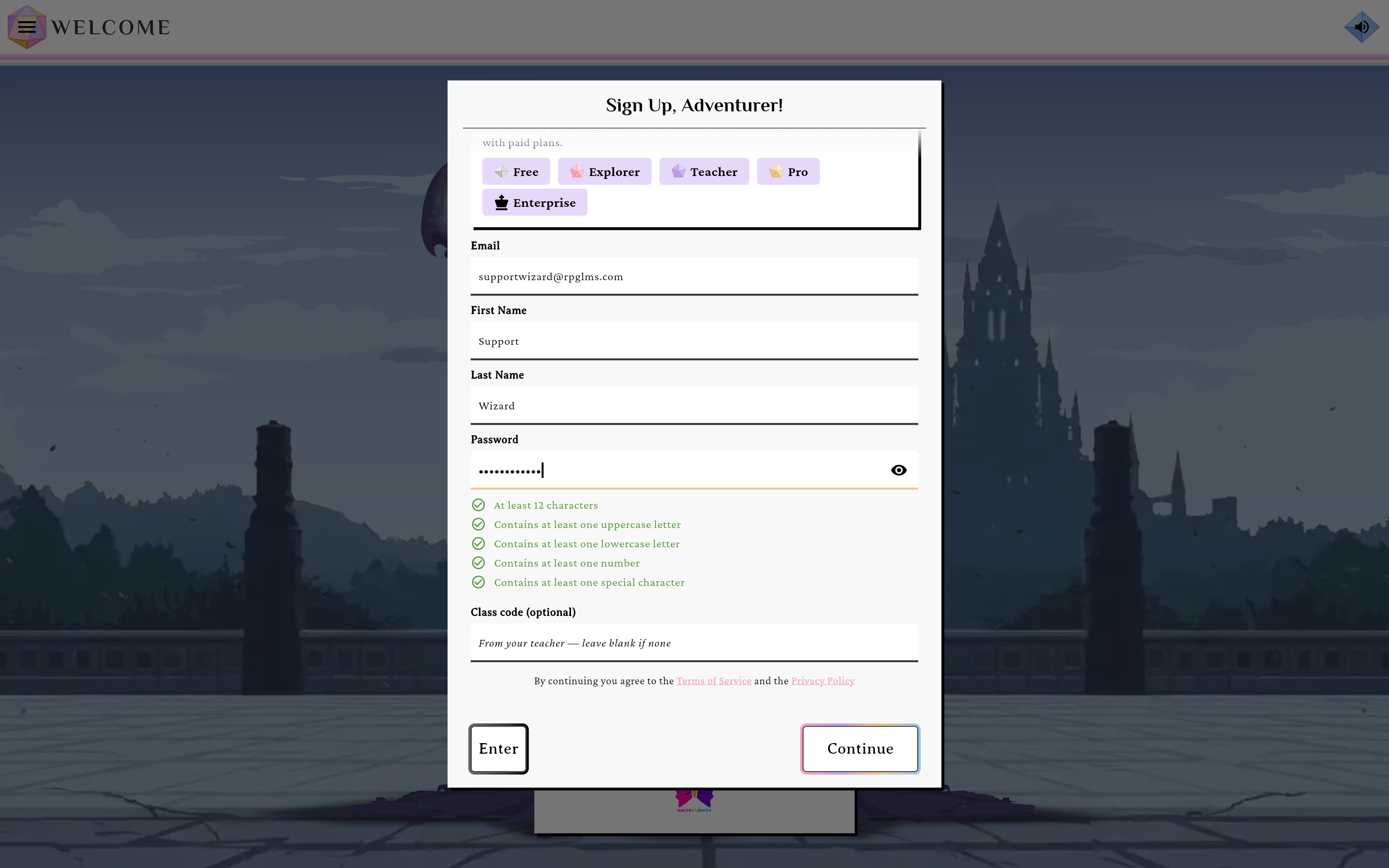 The registration form with the legal notice above the Continue button