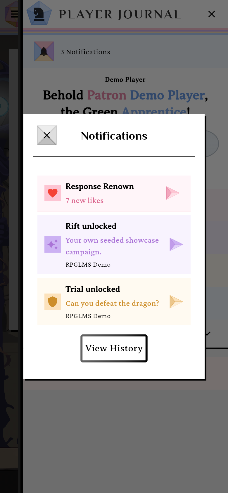 The notification inbox showing Response Renown, Rift unlocked and Trial unlocked entries