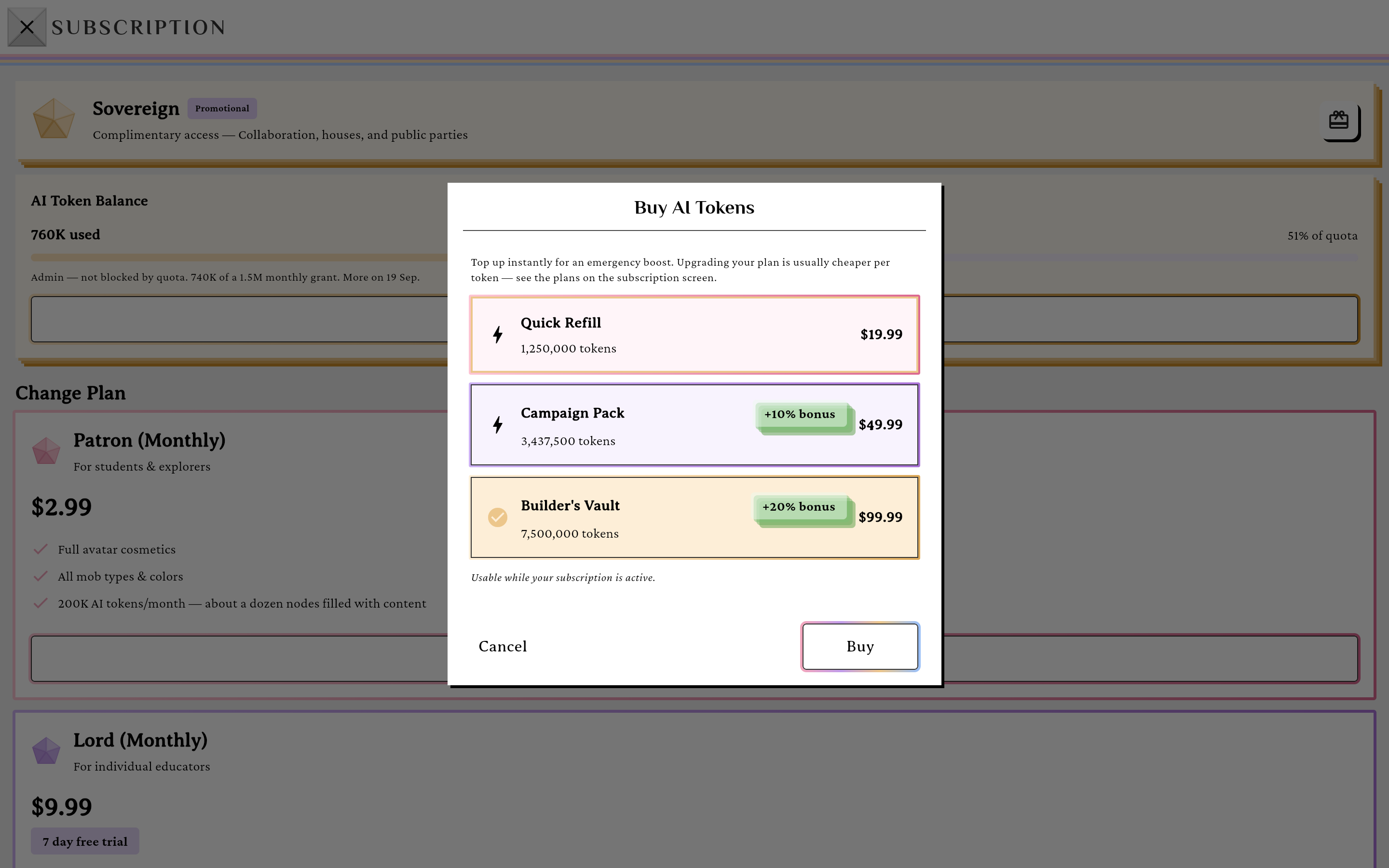 The Buy More Tokens dialog showing selectable token packs