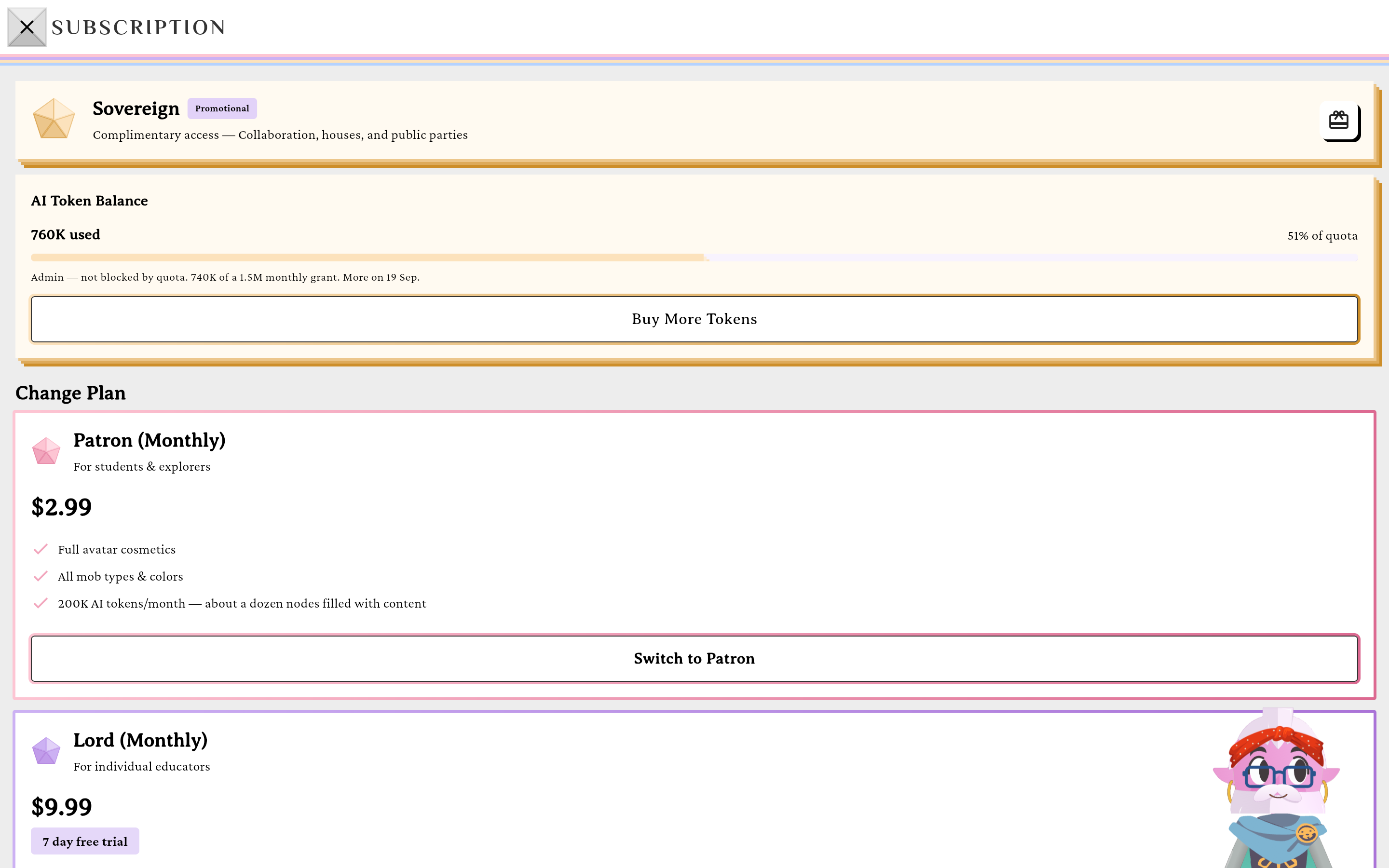 The Subscription screen with the status card at the top and the plan list below